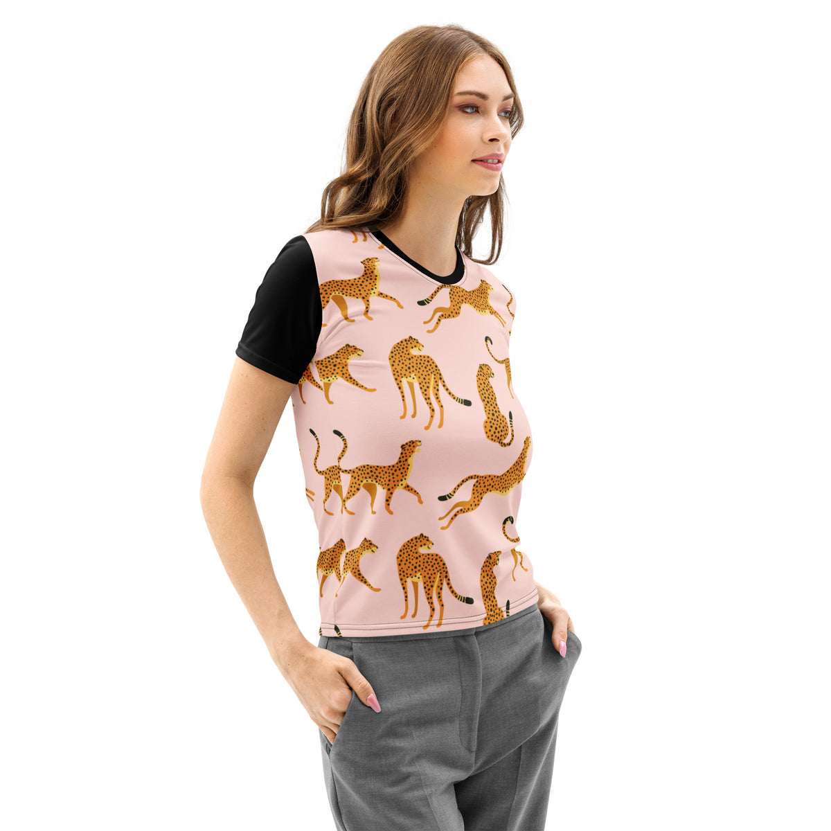 Triple T Studios Cheetahs Running on a pink tee with contrast sleeves