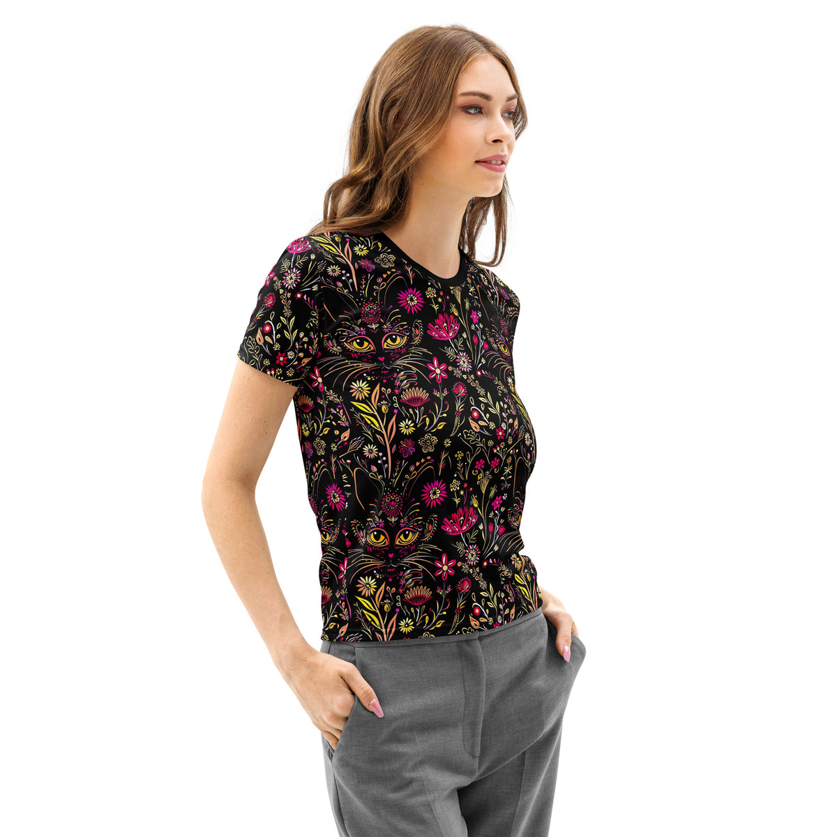 Black Cats Floral | Cotton Crewneck T-shirt