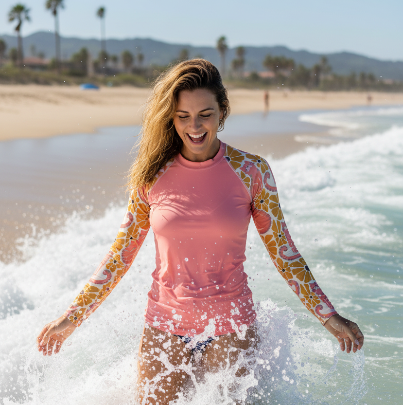 Woman in a pink and patterned long-sleeve shirt playing in the ocean with palm trees and mountains in the background.