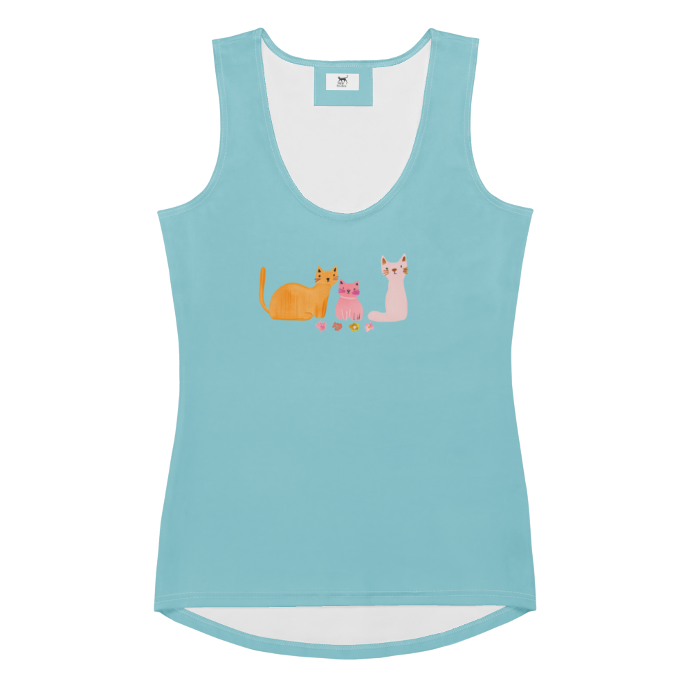 A light blue tank top featuring a cute graphic of three cats on the front, displayed against a solid white background.