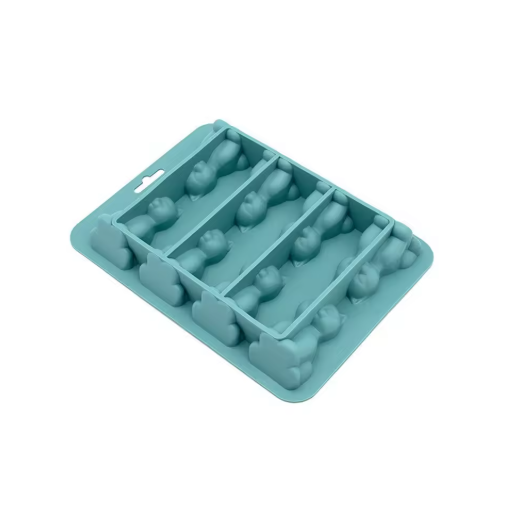 Teal silicone cat shaped ice cube tray on a white background
