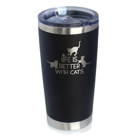 A black stainless steel coffee tumbler with a sliding lid and text 'Life is Better with Cats' printed on the side.