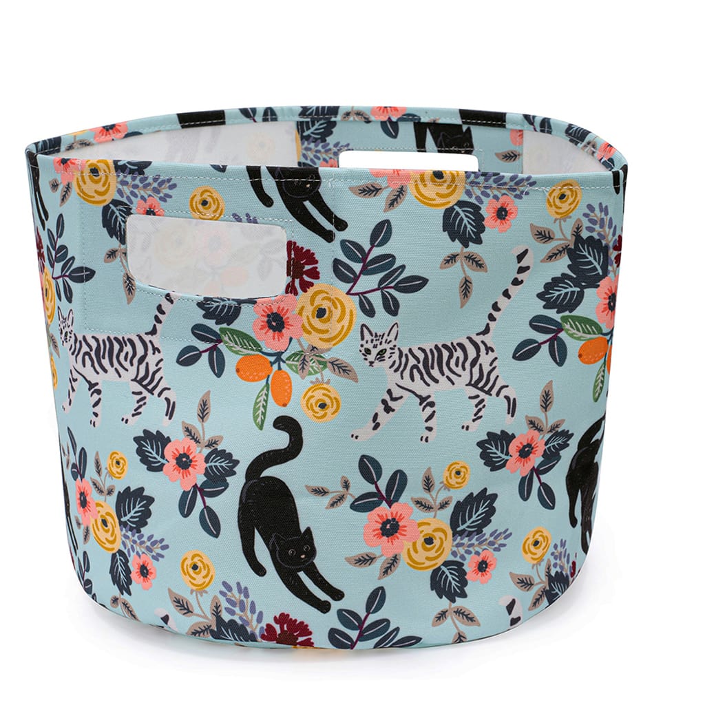 Cat Canvas Storage Bin- Blue- Cats and Flowers