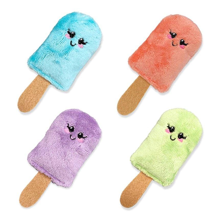 Four plush toys shaped like popsicles in blue, orange, purple, and green on a white background.