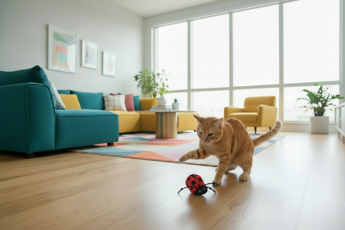 Orange cat playing with a Ladybug Cat Toy on a wooden floor in a modern living room.