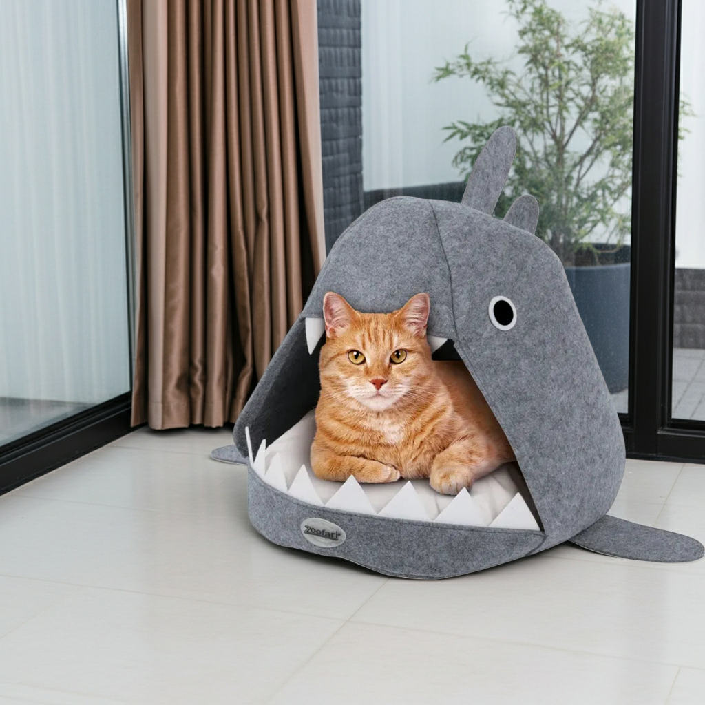 Cat inside a shark-shaped pet bed on a light-colored floor.