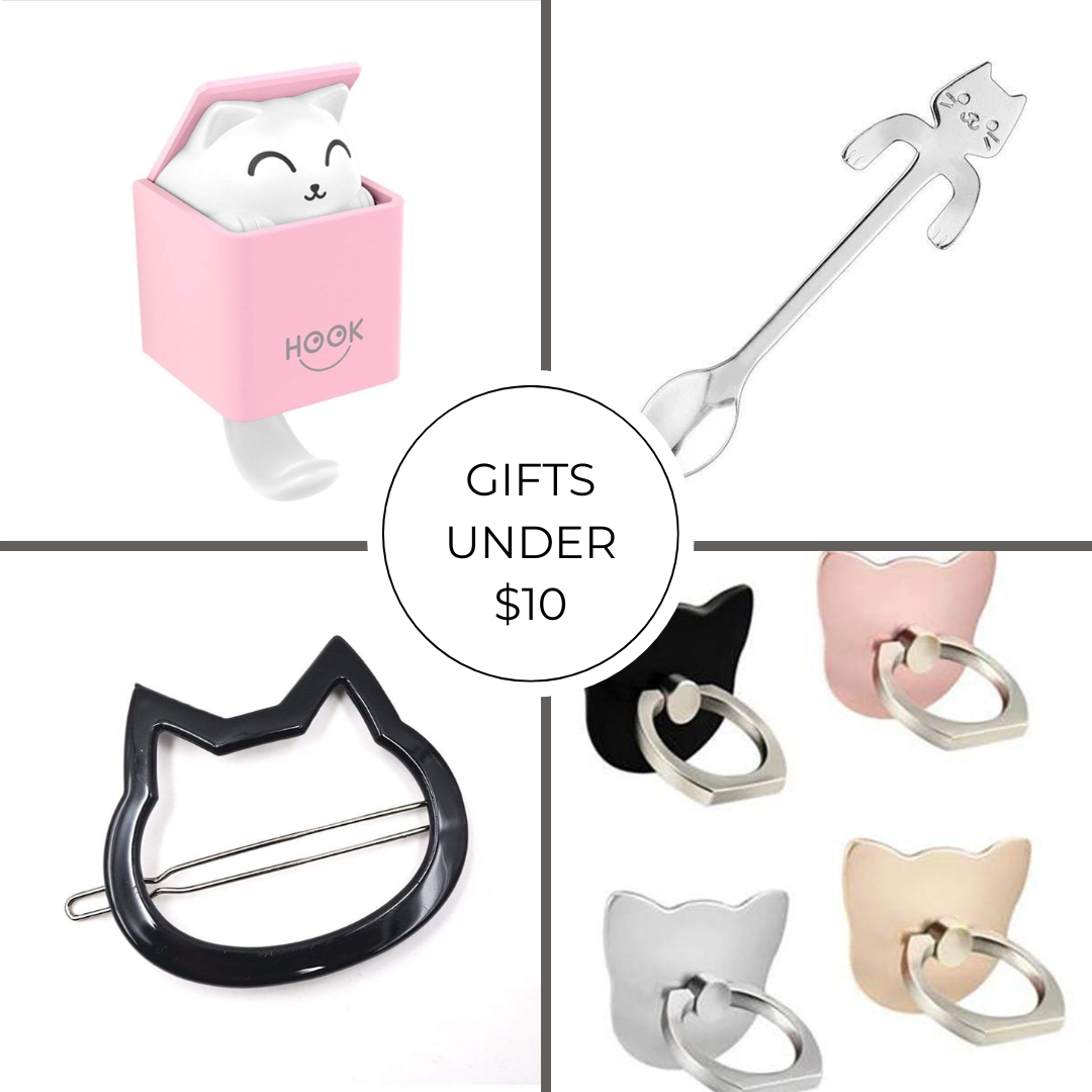 Collage of cat-themed products with text 'Gifts Under $10' on a white background.