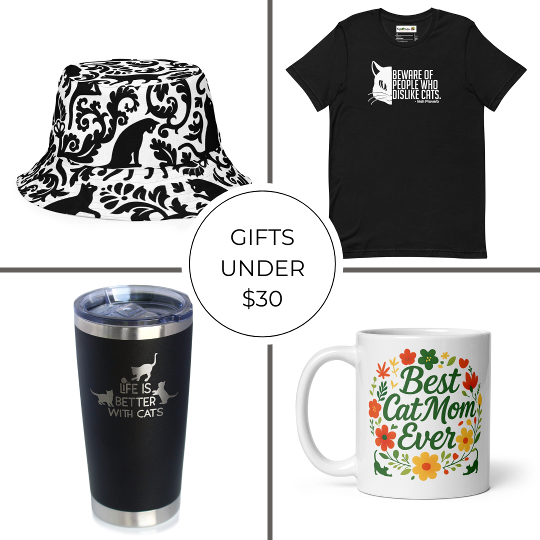 Collection of cat-themed gifts including a bucket hat, t-shirt, mug, and tumbler with text that says Gifts under 30 dollars 