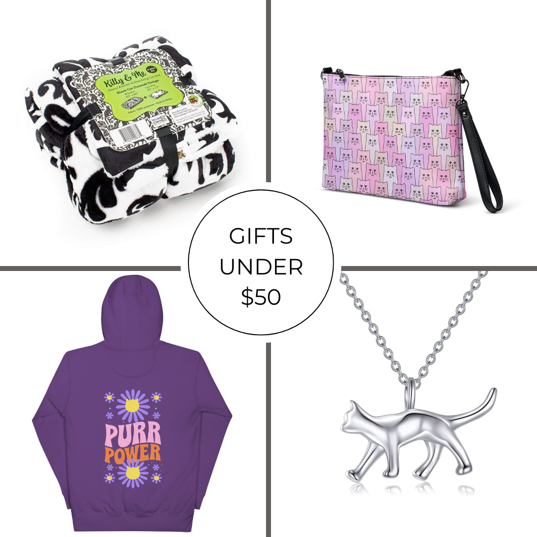 Collage of cat-themed gifts including a blanket, purse, hoodie, and necklace with text 'Gifts Under $50'.
