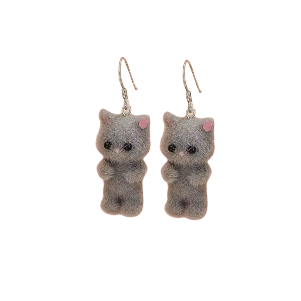 Pair of gray calico cat-shaped earrings on a white background