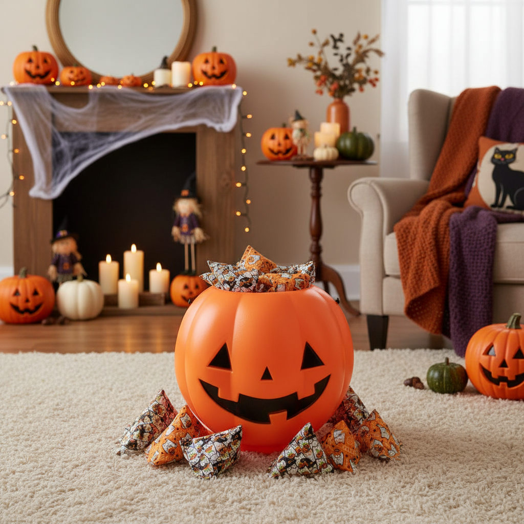 Halloween cat toys in a jack o lantern bucket on white carpet in a living room decorated for the fall season
