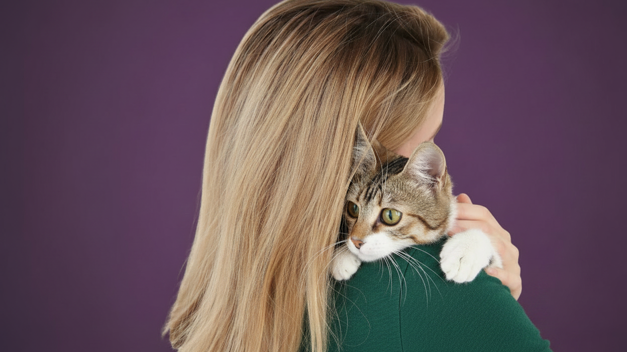 A woman with long blonde hair, seen from behind, holding a tabby and white cat against her shoulder. She is wearing a dark green top and is set against a solid purple background.