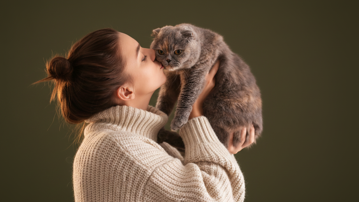 A woman in a cream knit turtleneck sweater holds and kisses a gray Scottish Fold cat against a solid dark olive green background.
