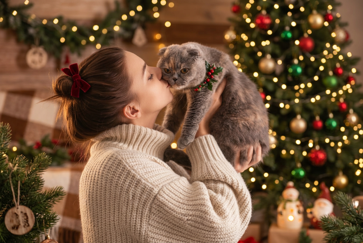 A woman in a cream knit sweater kisses a gray cat wearing a green holly collar, set against a warm, festive Christmas tree background with lights and ornaments.
