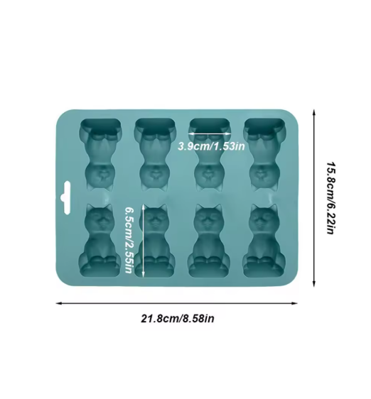 Silicone mold with cat shapes and dimensions on a white background