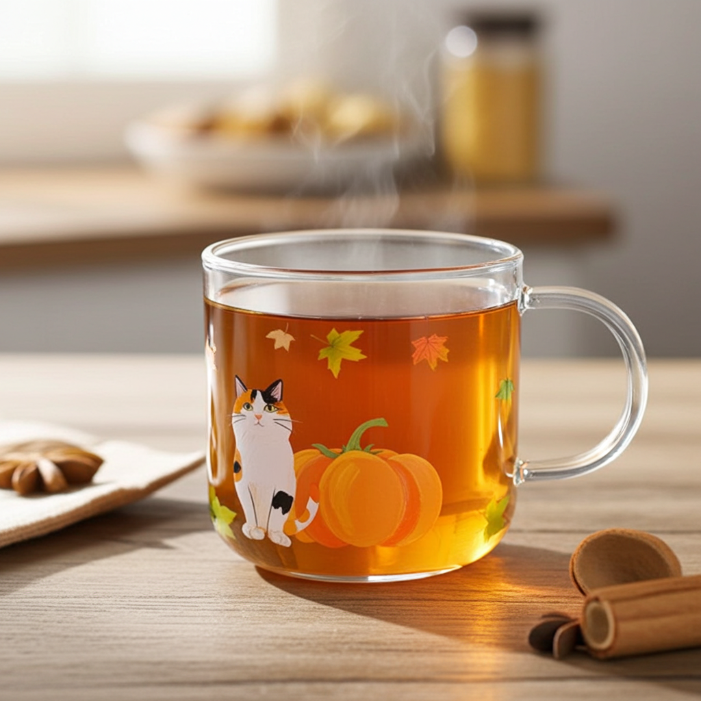 Glass Cat Mug | Fall Leaves and Pumpkin Design