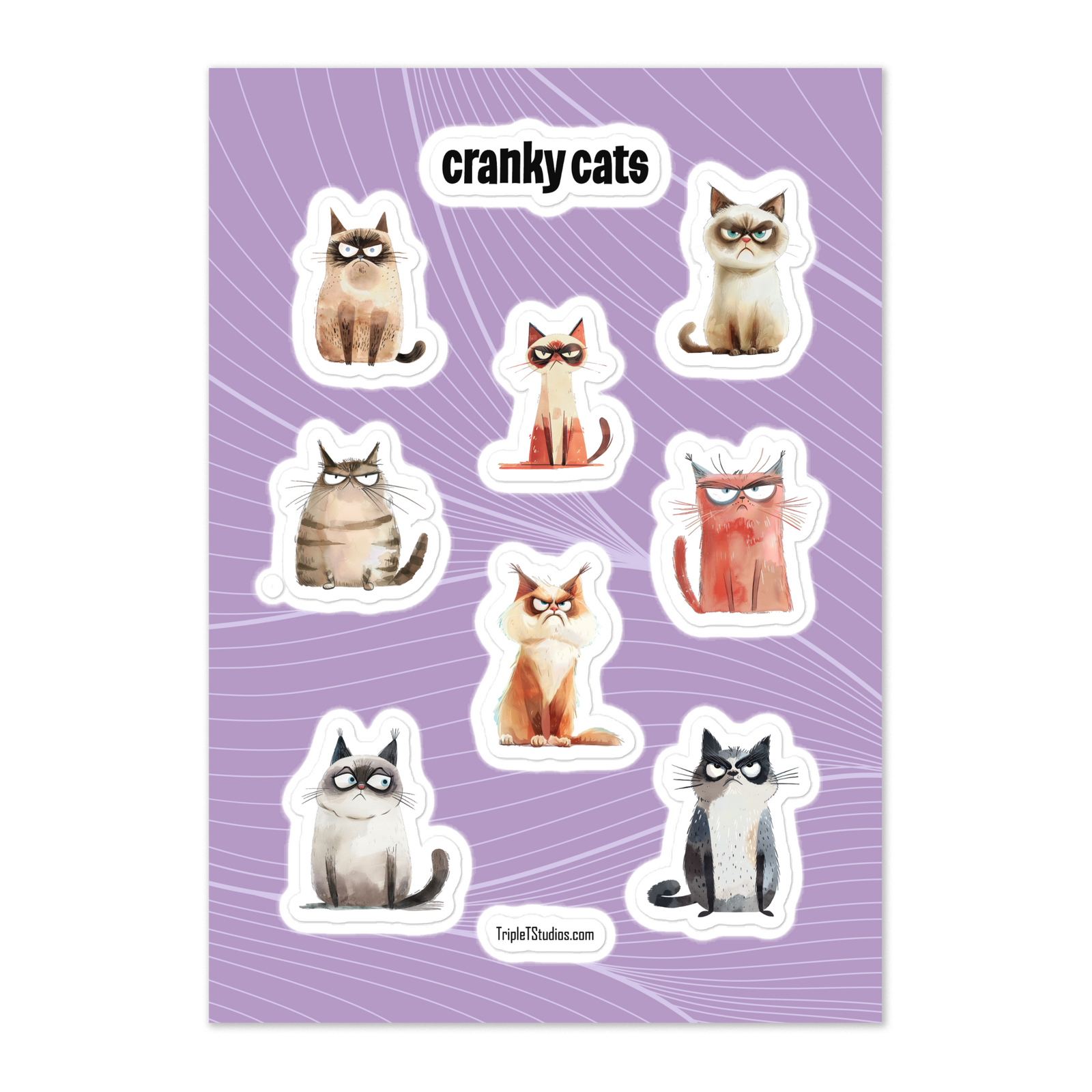 A sheet of die-cut stickers featuring cartoon cats on a lavender background with radiating lines and the text 'cranky cats' at the top.