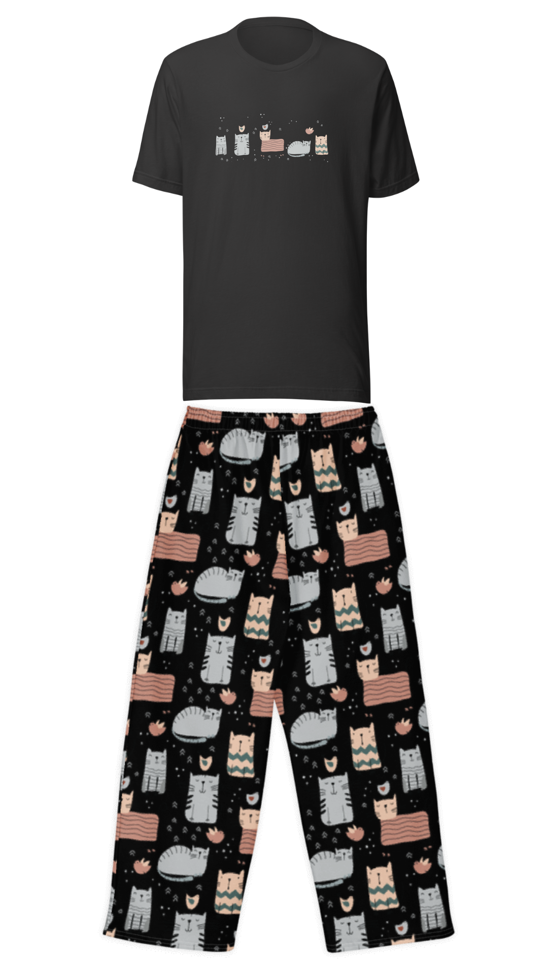 A two-piece pajama set featuring a black short-sleeve t-shirt with a small cat-themed graphic on the chest, and matching black pants with a colorful pattern of cats, bowls, and stars.