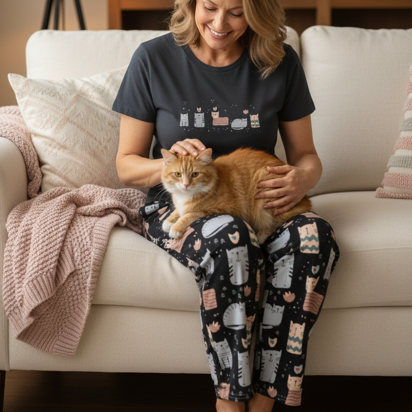 A woman sitting on a white sofa in a cozy living room, holding and petting an orange tabby cat. She is wearing a dark charcoal t-shirt with a coffee cup graphic and matching dark pajama pants covered in a coffee cup pattern.