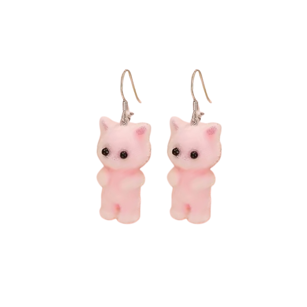 Pink cat-shaped flocked earrings on a white background