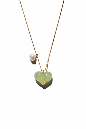 Puffed heart — Green jade & pearl pendant necklace