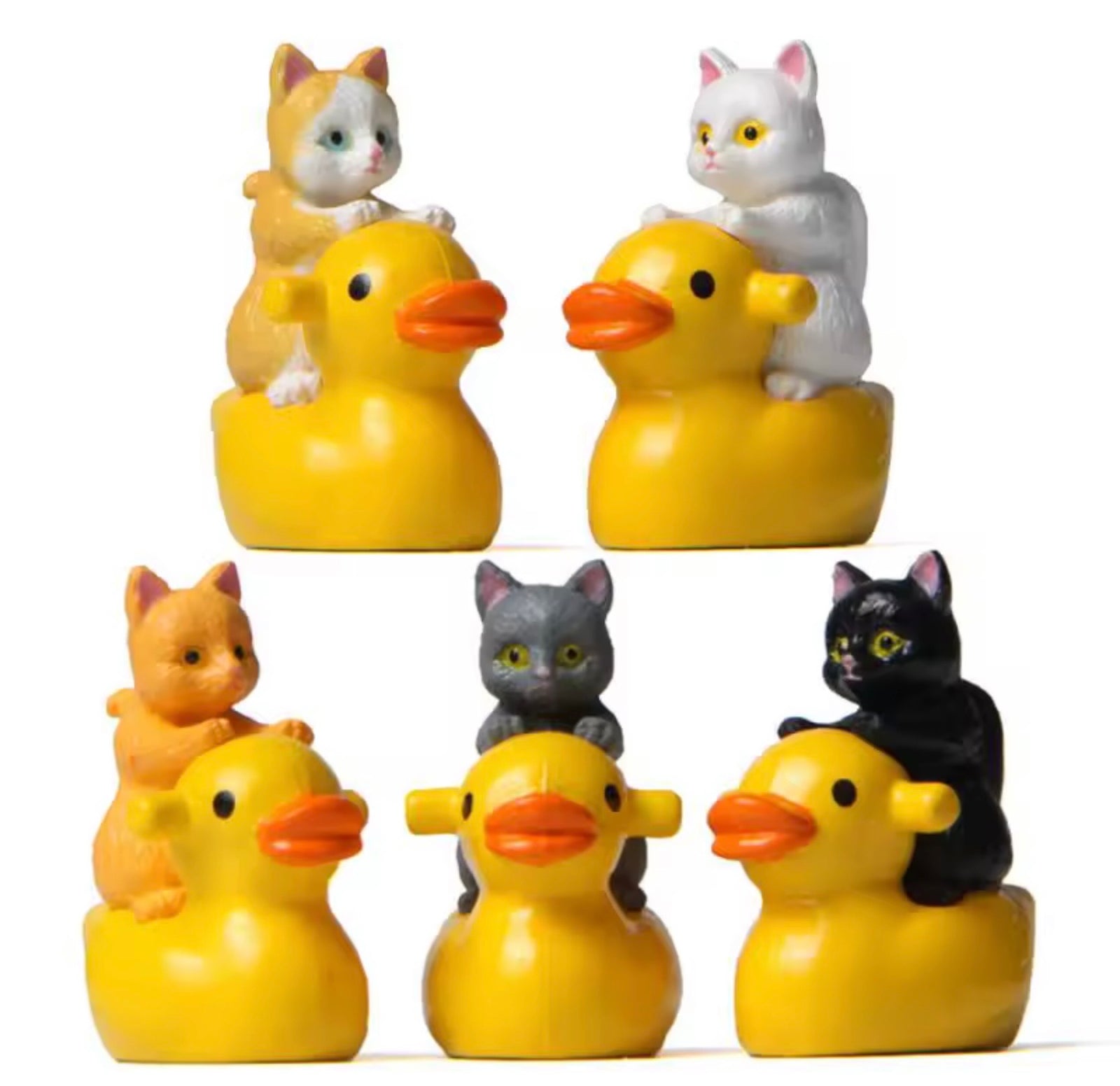 Set of six rubber duck toys with cats on top, arranged in two rows.