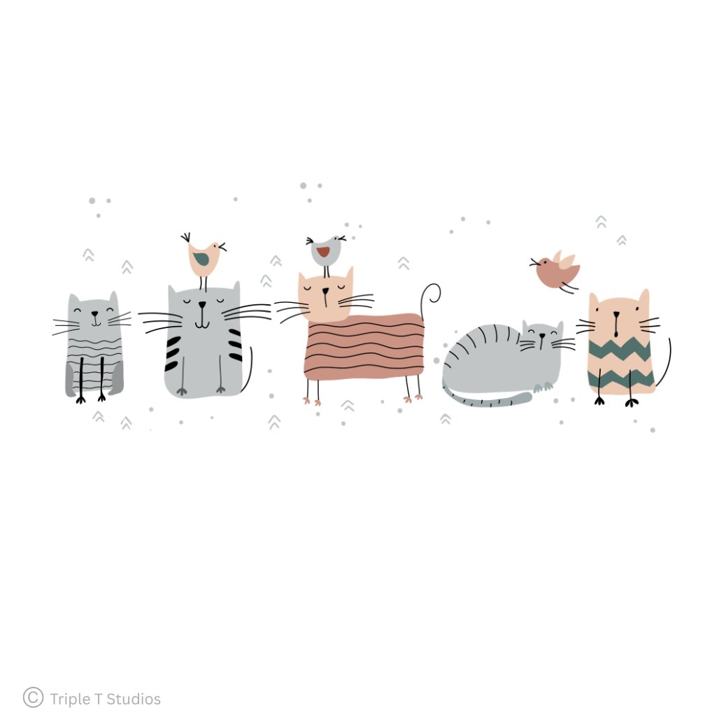 A whimsical illustration of five cartoon cats in different poses and outfits, with two small birds, on a plain white background. A small Triple T Studios copyright mark appears in the lower-left corner.