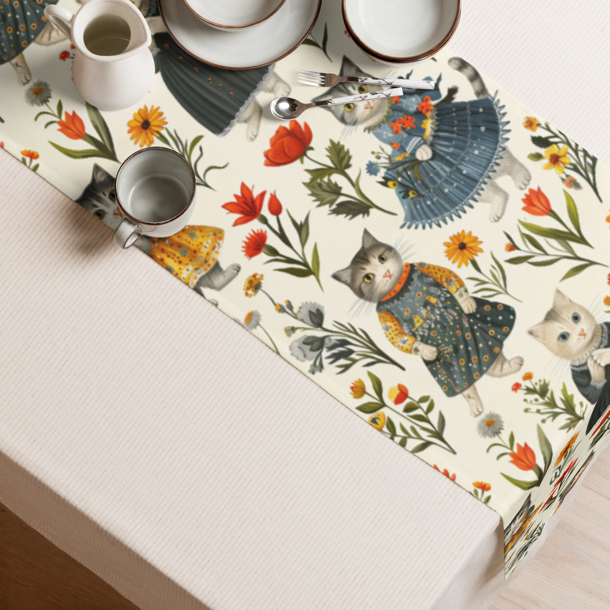 Cottage Core Cats table runner on cream background with pottery tea set