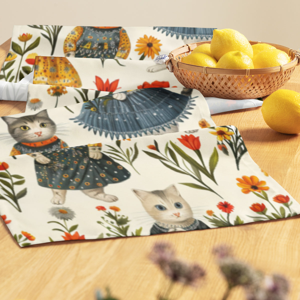 Cottage Core Cats table runner bunched up on wooden table next to a basket of lemons