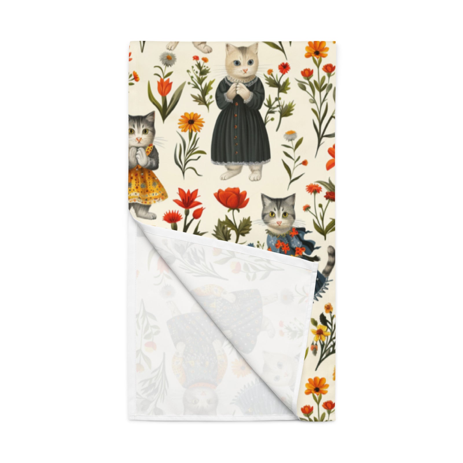 Cottage Core Cats folded table runner with white reverse