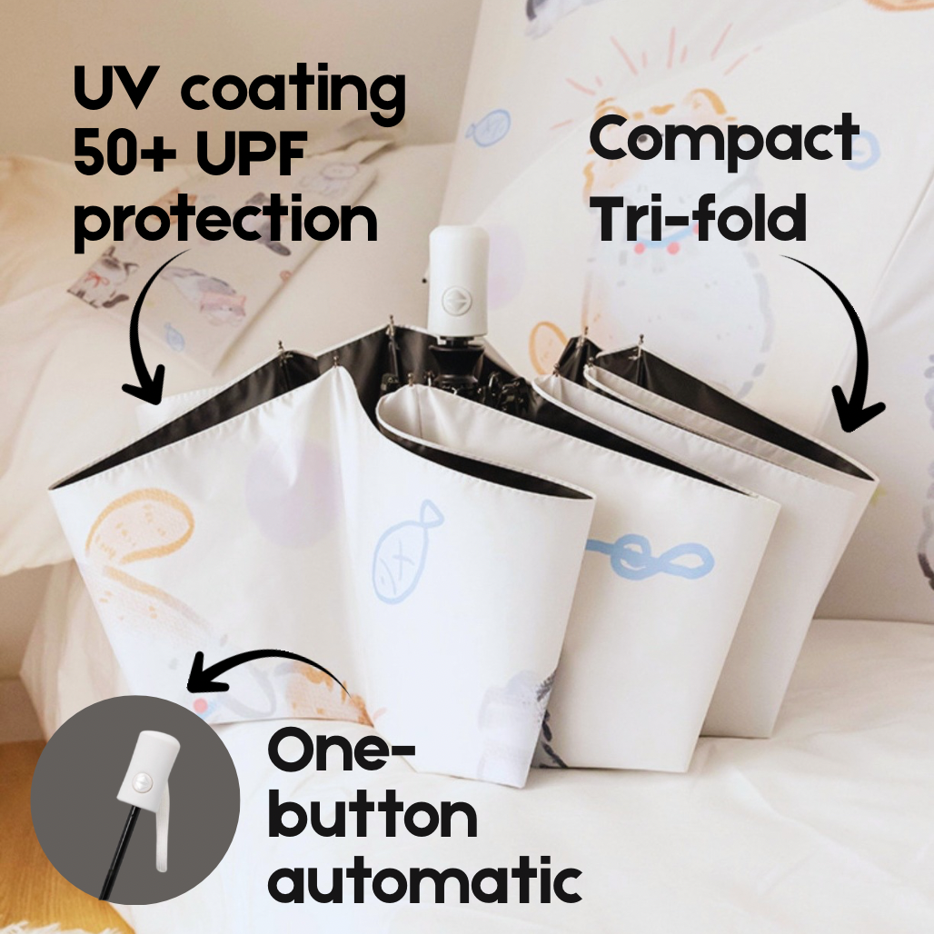 Compact tri-fold umbrella with UV coating and one-button automatic feature on a light background.