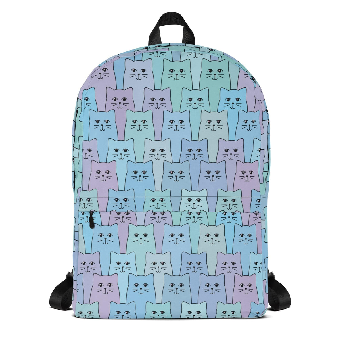 Backpack with cat pattern in pastel blue colors on a white background