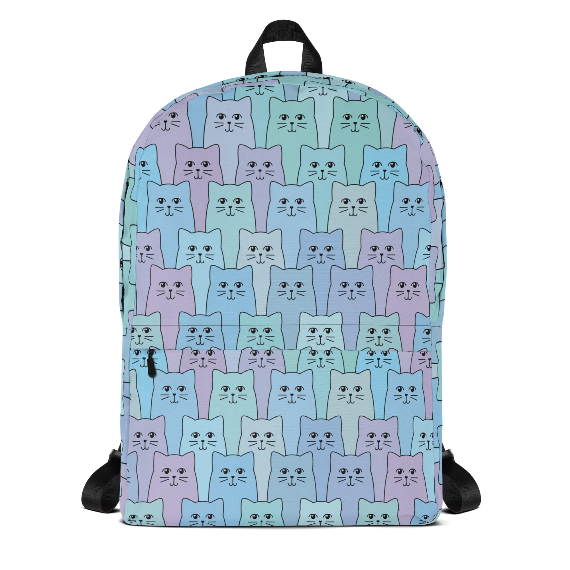Backpack with cat pattern in pastel blue colors on a white background