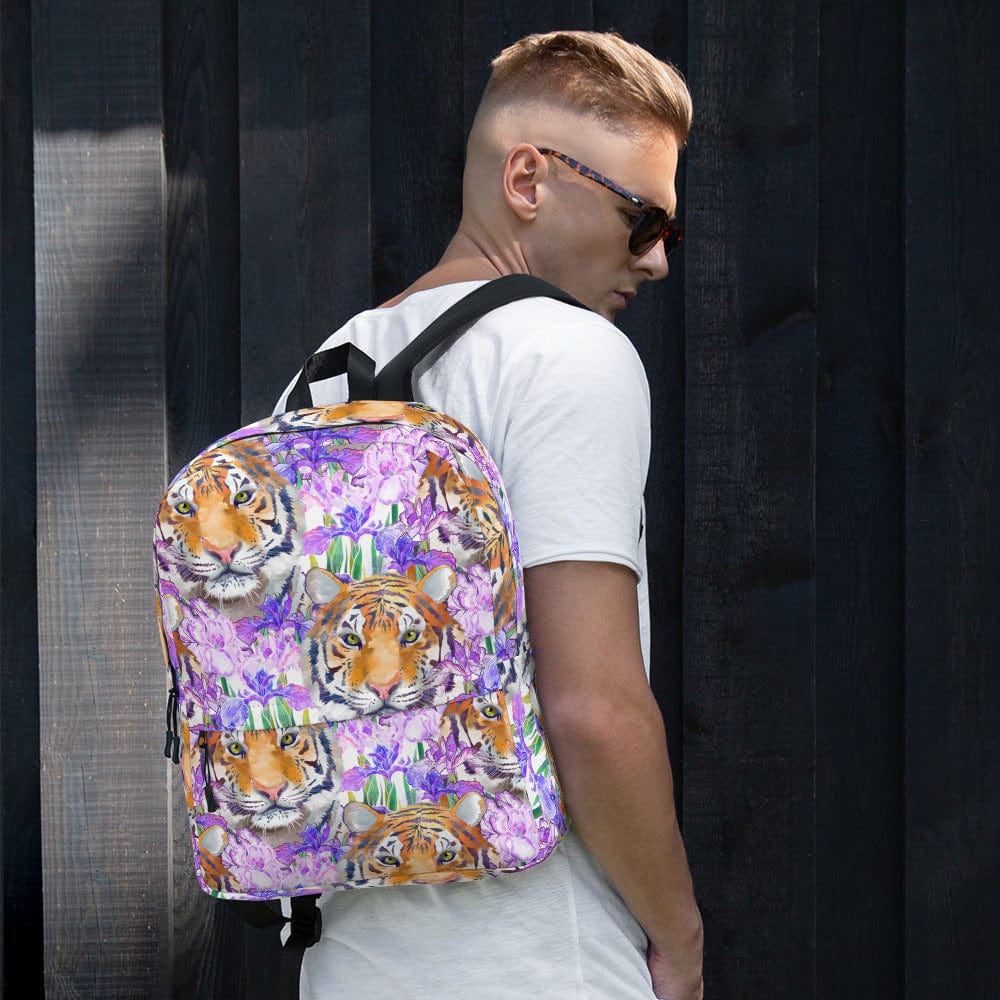 Tiger and Iris Cat-Themed Backpack. on male model