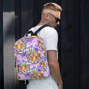 Tiger and Iris Cat-Themed Backpack. on male model