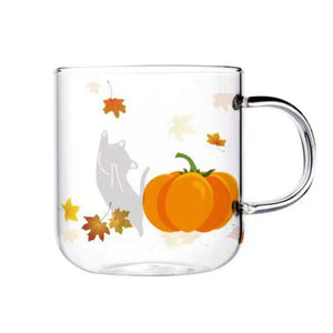 Glass Cat Mug | Fall Leaves and Pumpkin Design