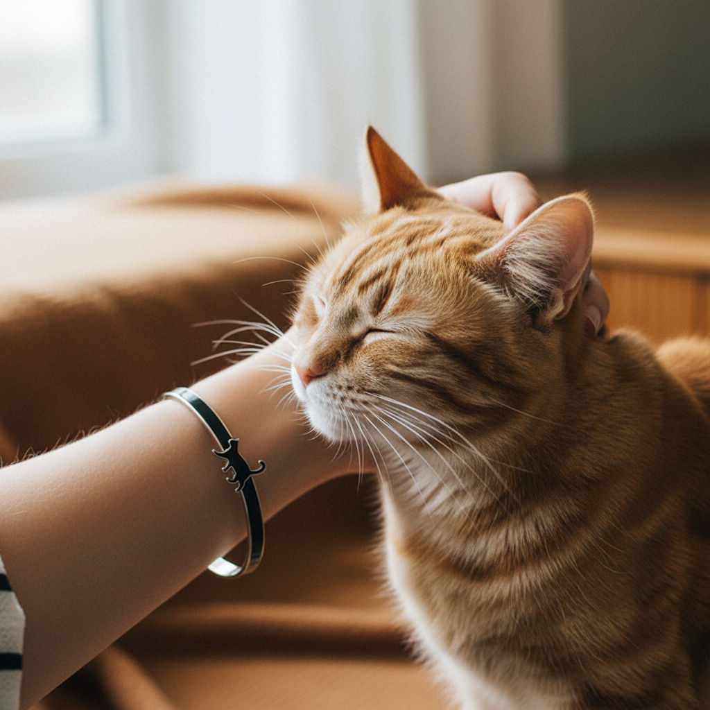 A woman wearing a black enamel on silver Enamel Cat Bangle bracelet pets an orange tabby cat on the head.