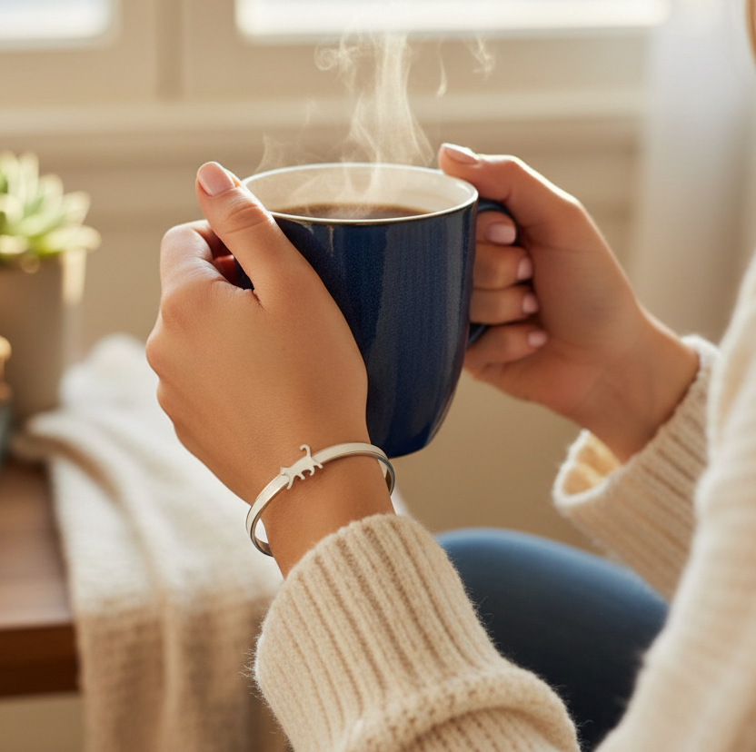 A person wearing an Enamel Cat Bangle Bracelet in a cream knit sweater holds a dark blue mug with steaming coffee in a warm, softly lit indoor setting. 