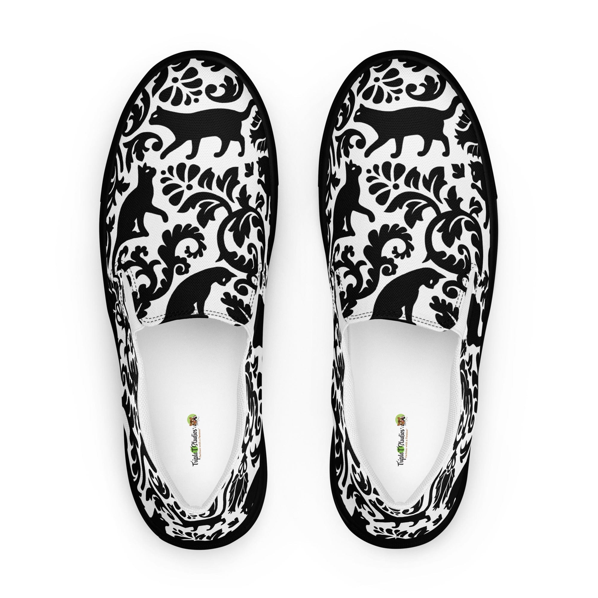 Cat-Themed Canvas Shoes | Black Cat Damask Design