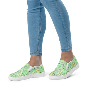 Cat-Themed Slip On Canvas Shoes. Happy Cat Green on Model