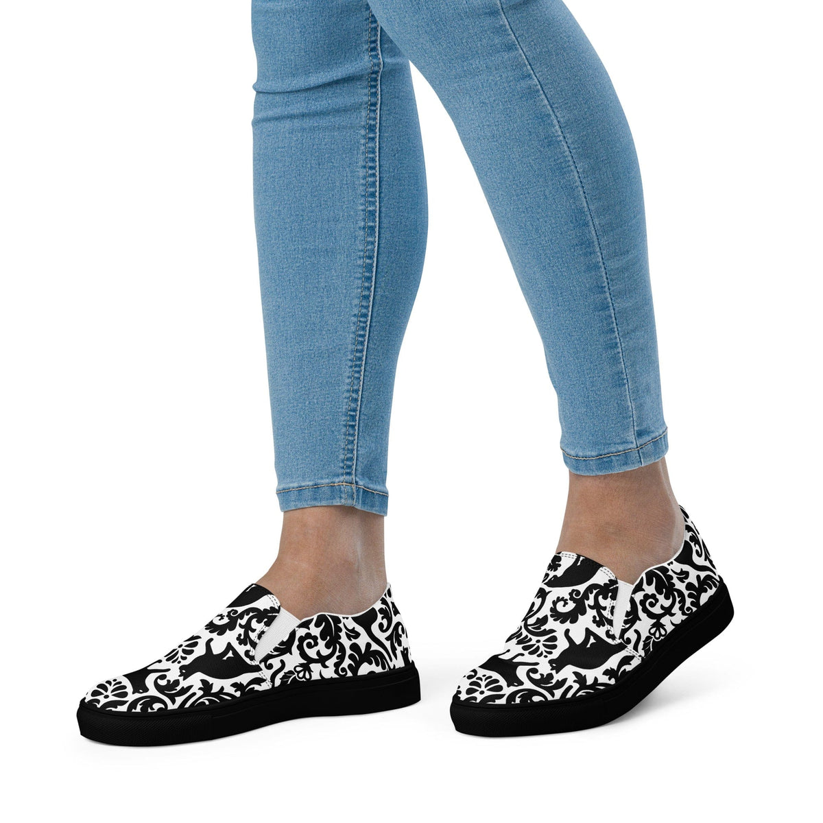 Cat-Themed Canvas Shoes | Black Cat Damask Design. on model
