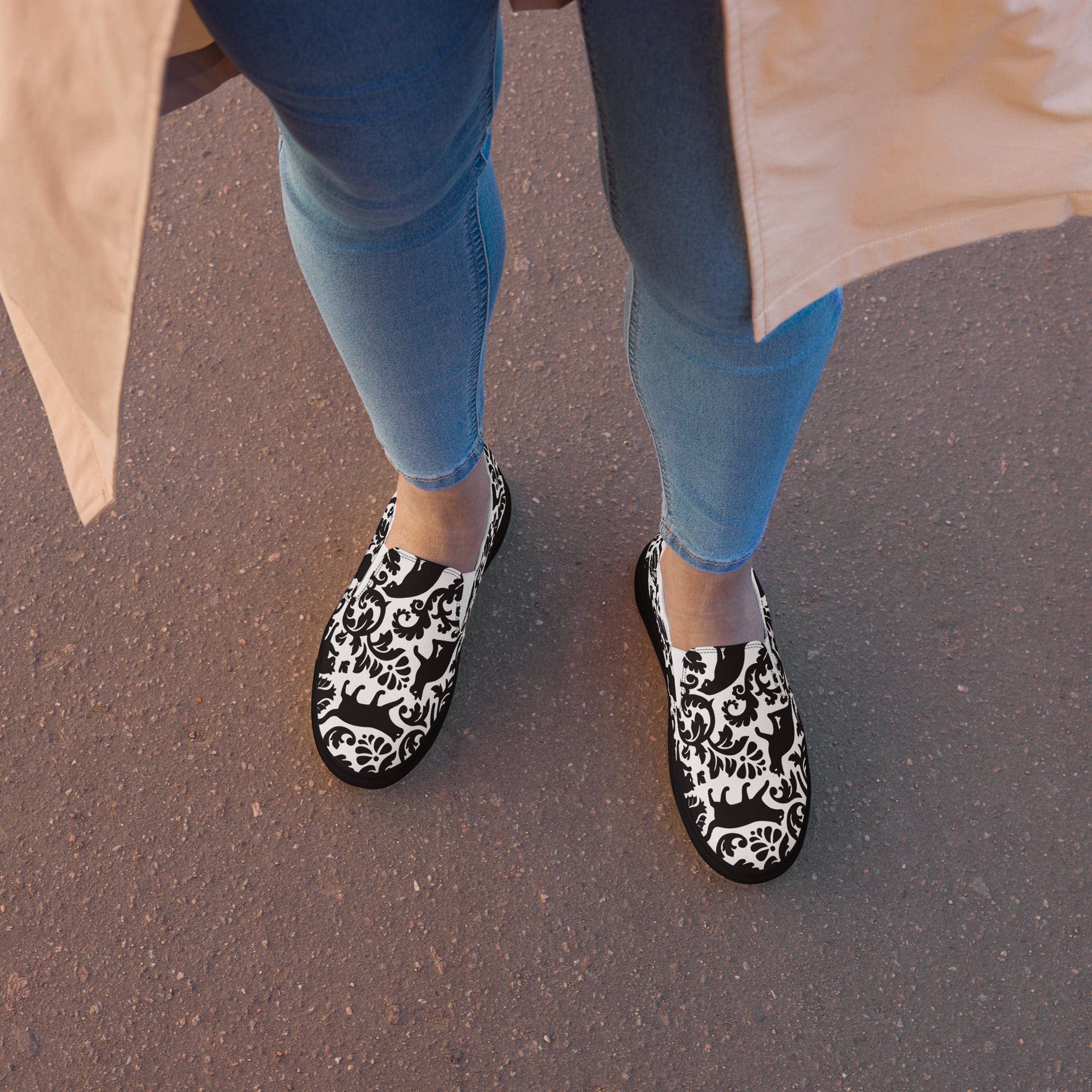 Cat-Themed Canvas Shoes | Black Cat Damask Design. on a model
