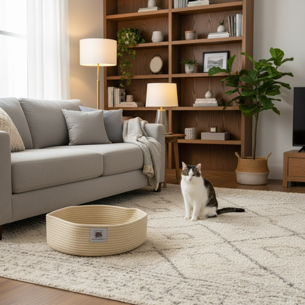 Cat sitting on a rug in a living room with a beige pet bed and bookshelf in the background.