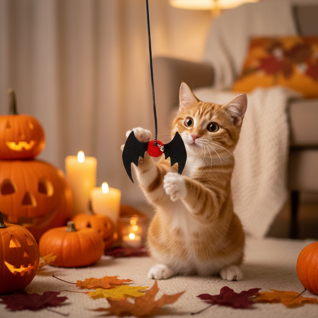 An orange and white cat sits on a carpet in a cozy living room, holding a black bat-shaped toy with a red ball on a string. The scene is decorated for Halloween with carved pumpkins, lit candles, autumn leaves, and a soft-focus sofa in the background.