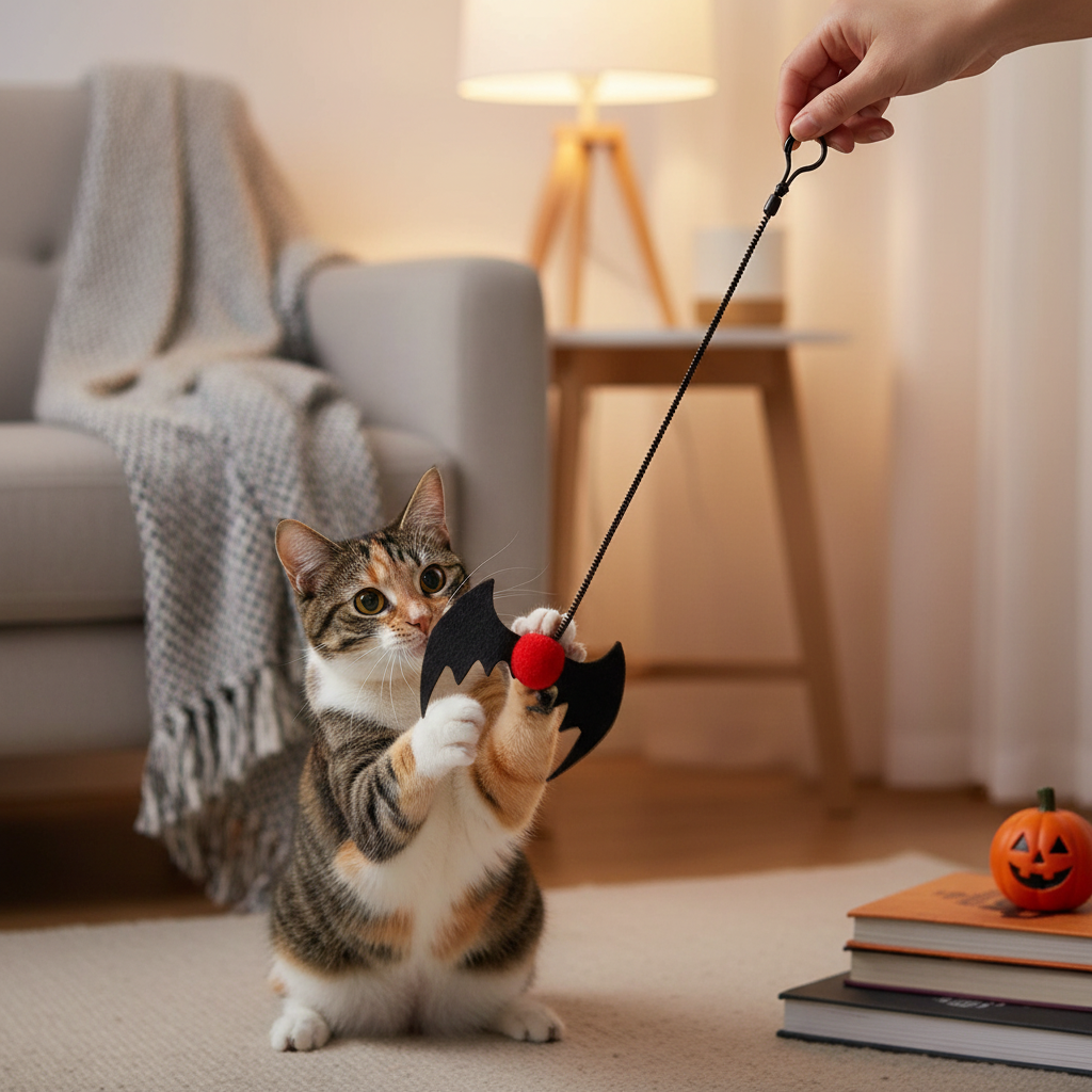 A calico cat sits on a carpeted floor in a cozy living room, holding a black bat-shaped toy with a red ball on a long string, while a human hand pulls the string. A gray sofa, draped throw blanket, side table, lamp, and stacked books with a small jack-o'-lantern are visible in the background.