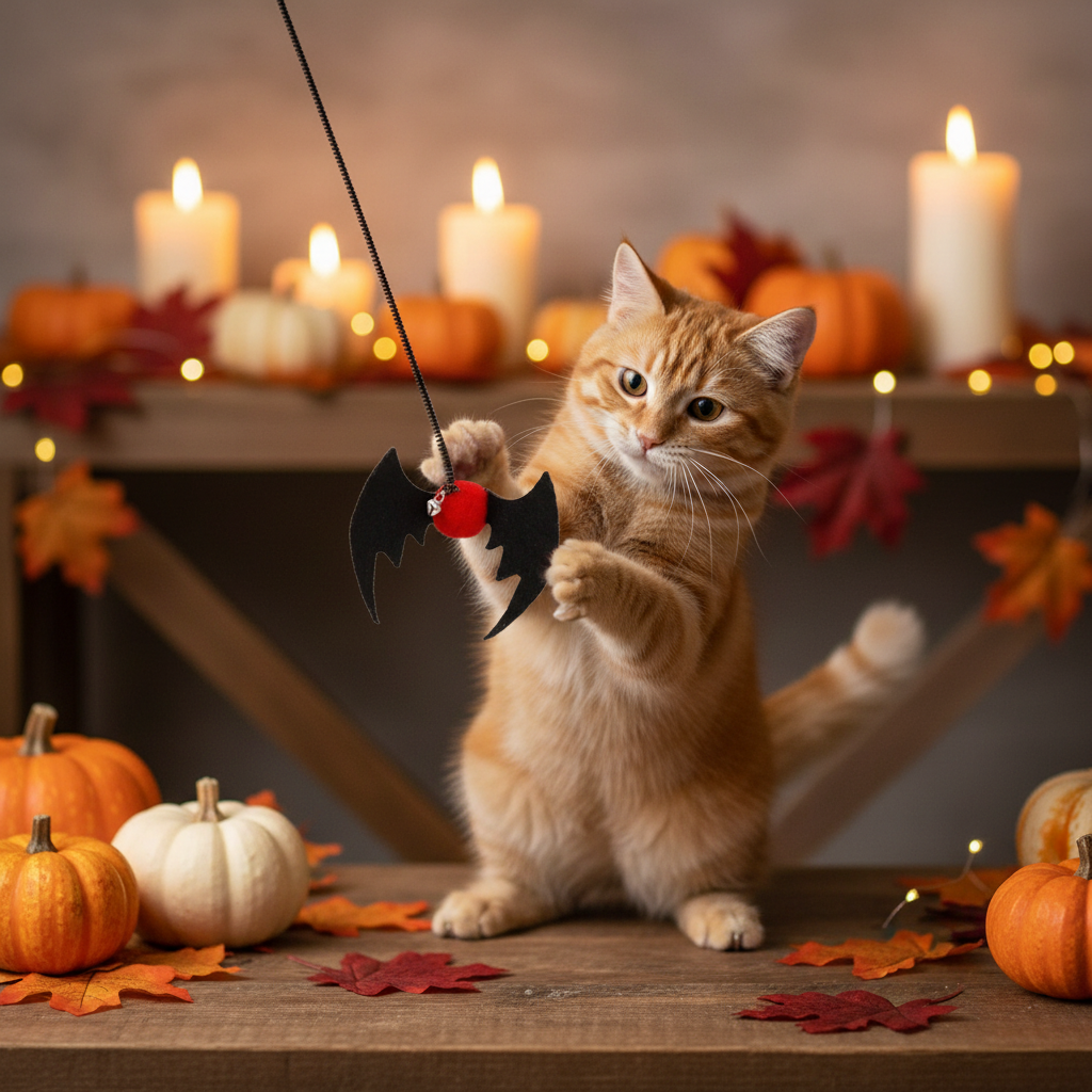 An orange tabby cat stands on its hind legs on a wooden surface, reaching toward a black bat-shaped toy with a red ball on a string. The scene is decorated for Halloween with small pumpkins, red and orange leaves, and lit candles in the background.