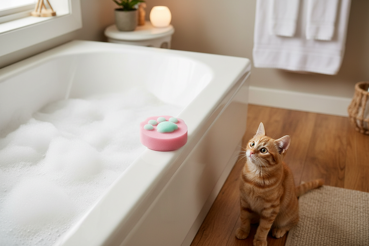 Cat sitting on a wooden floor next to a bathtub with a Pink Paw Print bath sponge sitting on the edge