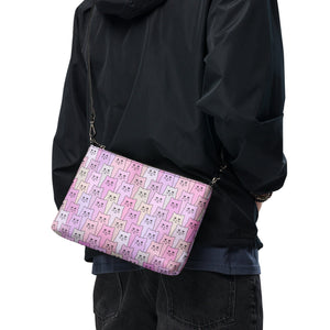 Cat-Themed Cross Body Bag | Happy Cat Purple. on model from behind