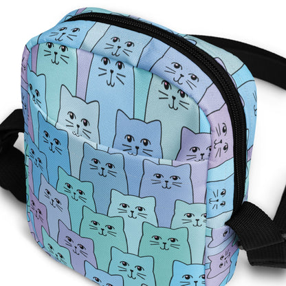 Front Pocket Small Crossbody Cat Bag. Happy Cat blue
