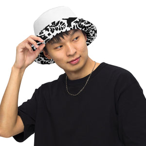 Black Cat Damask Reversible Bucket Hat. on model